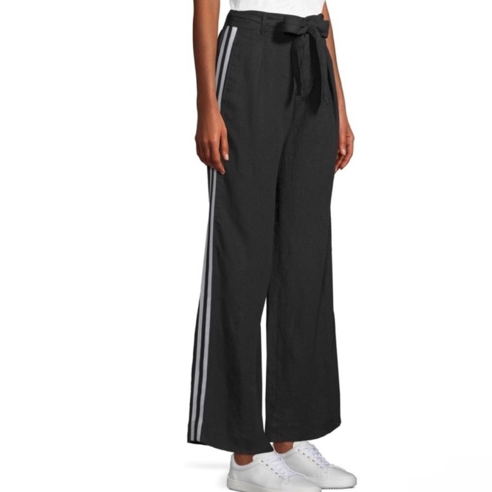 Bella Dahl Lagenlook Slouchy High Rise Stripe Side Wide Leg Black Linen Pant 28